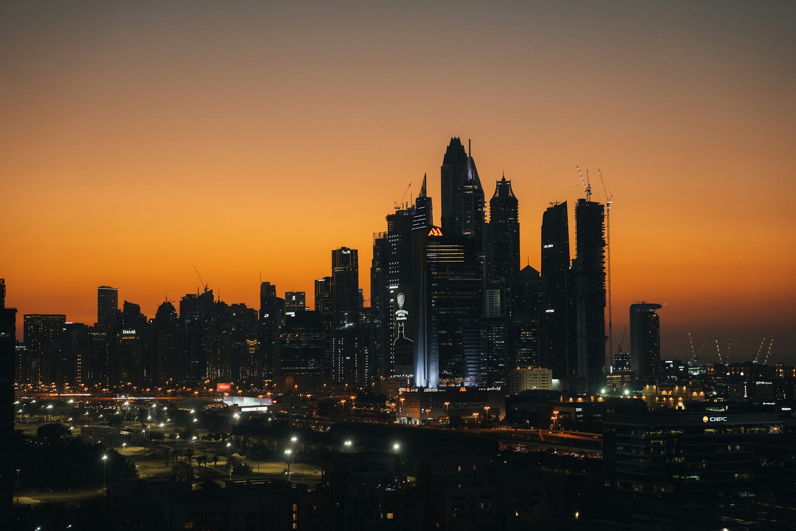 International financial district skyline at dusk