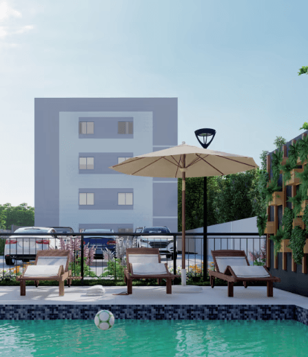 An apartment building with several floors with green trees in front