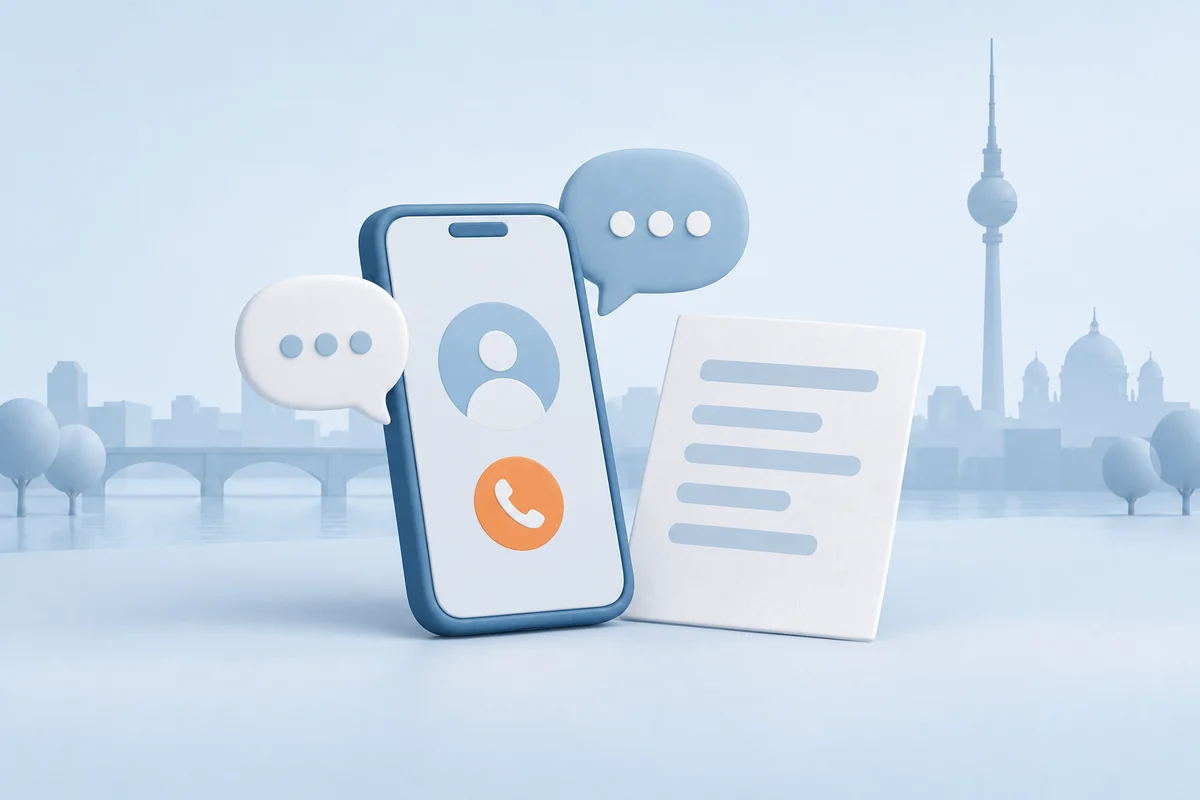 Illustration of a phone, conversation bubbles and a simple document representing remote interpreting support.