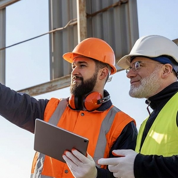 Construction manager and contractor surveying a site