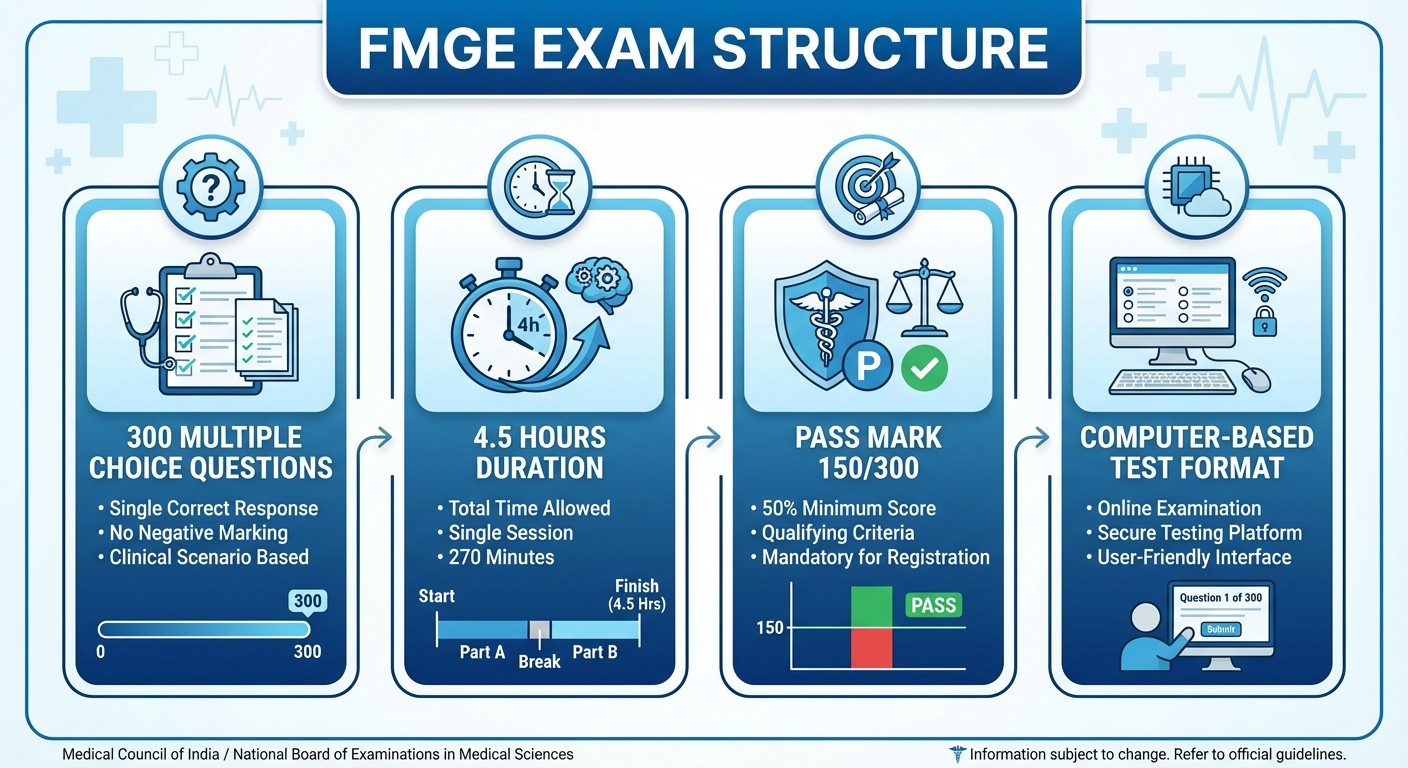 FMGE exam structure infographic showing question format, duration and passing criteria