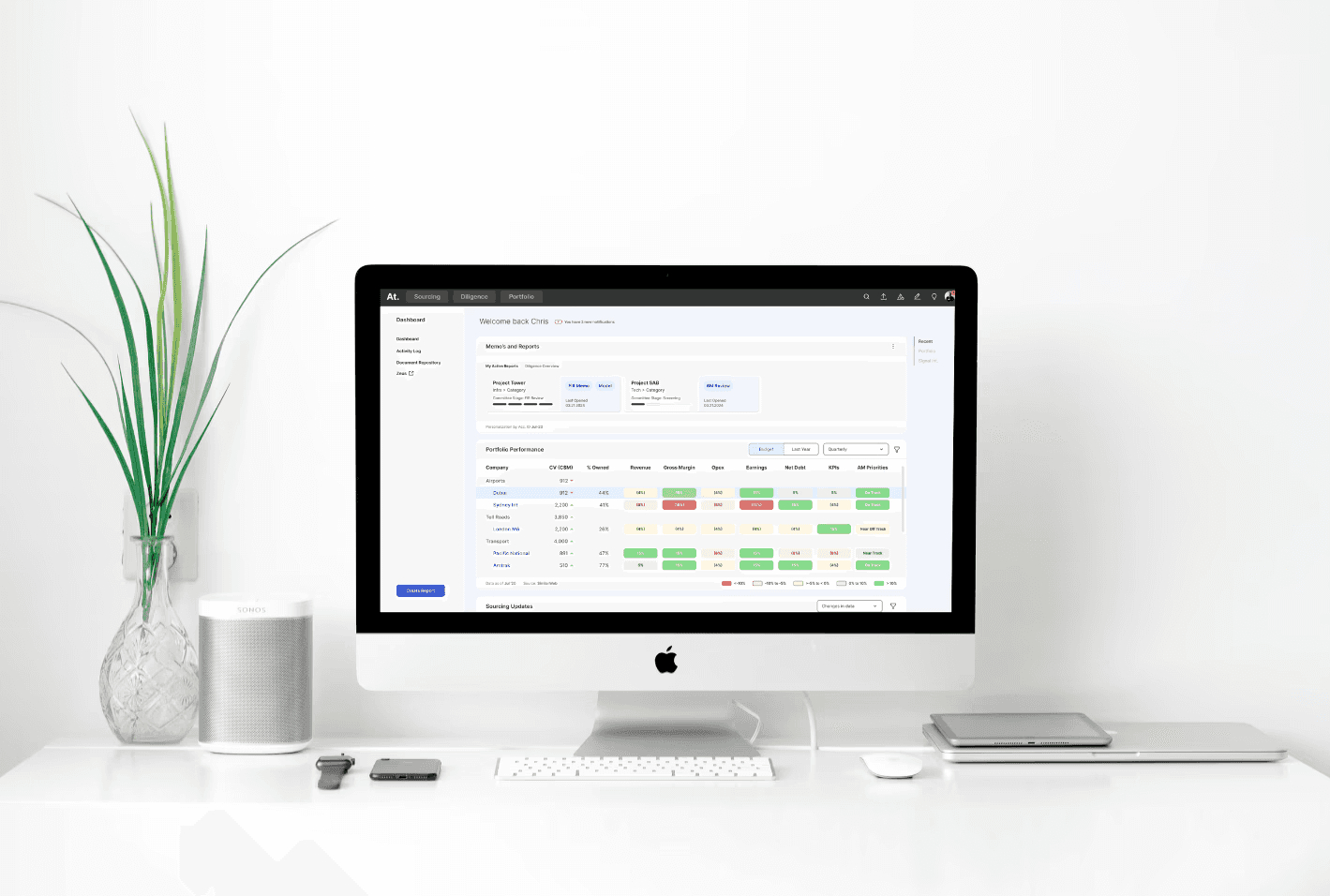 Desktop computer displaying Amazon's AI-powered pricing tool interface on a minimalist desk with a small plant and coffee mug