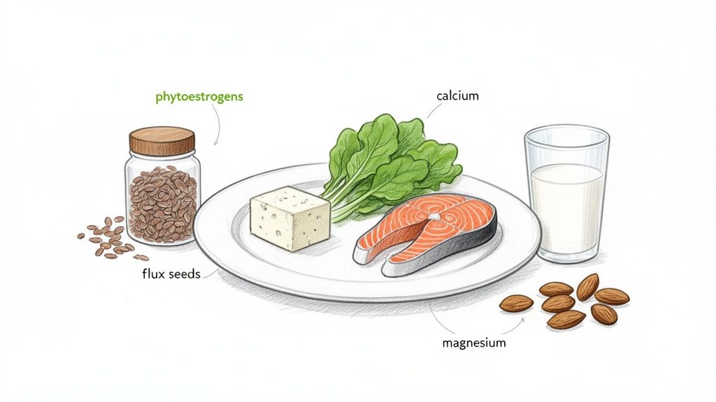 Healthy foods rich in phytoestrogens, calcium, and magnesium, including flax seeds, salmon, and milk.