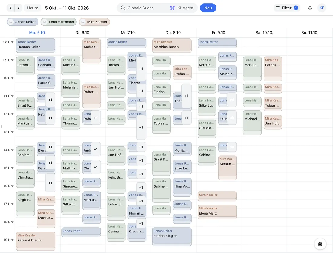 A busy week in the calendar, color-coded by therapist