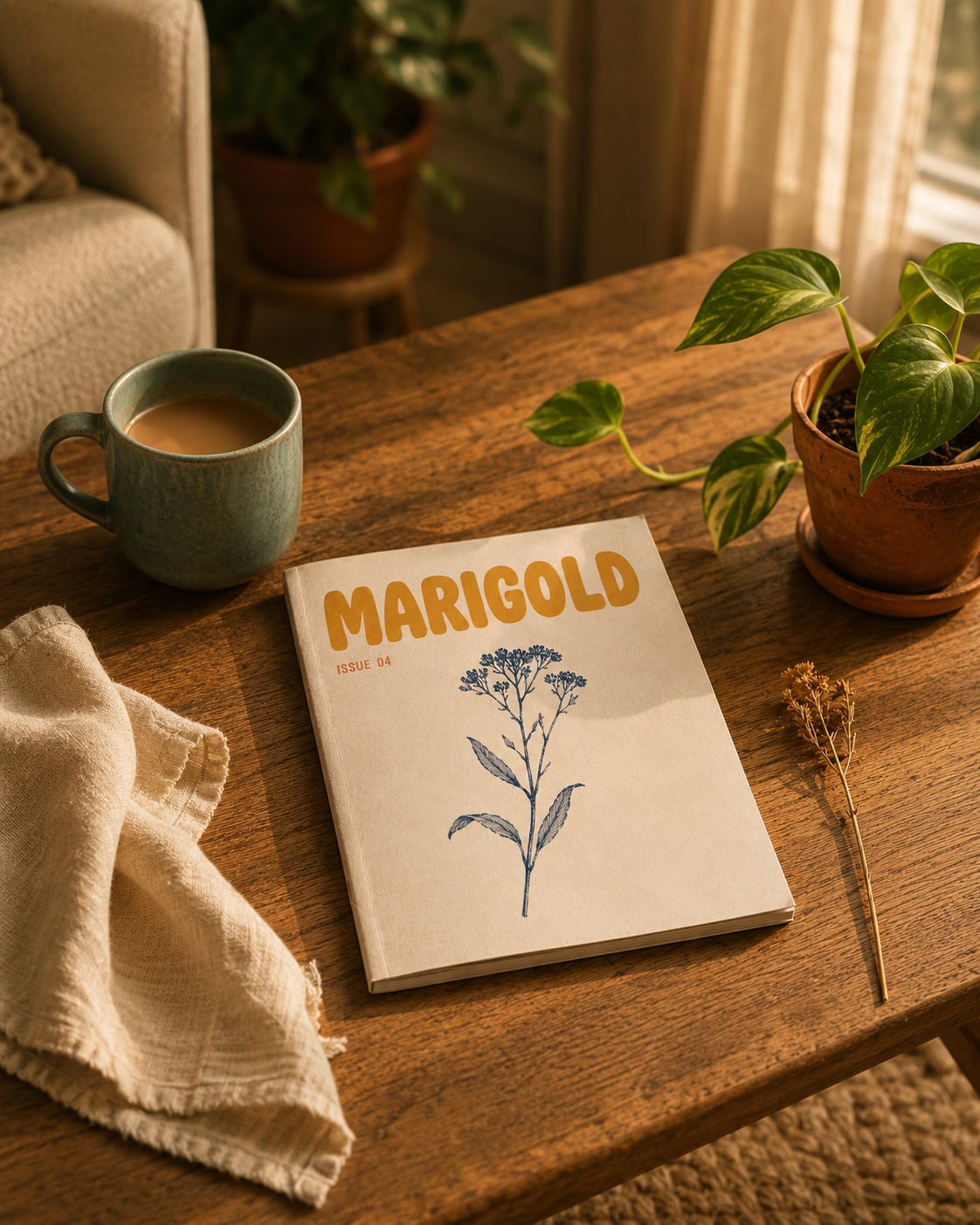A cozy scene with a mug of coffee, "Marigold" magazine with a botanical cover, a leafy plant, and a beige cloth on a wooden table, bathed in warm light.