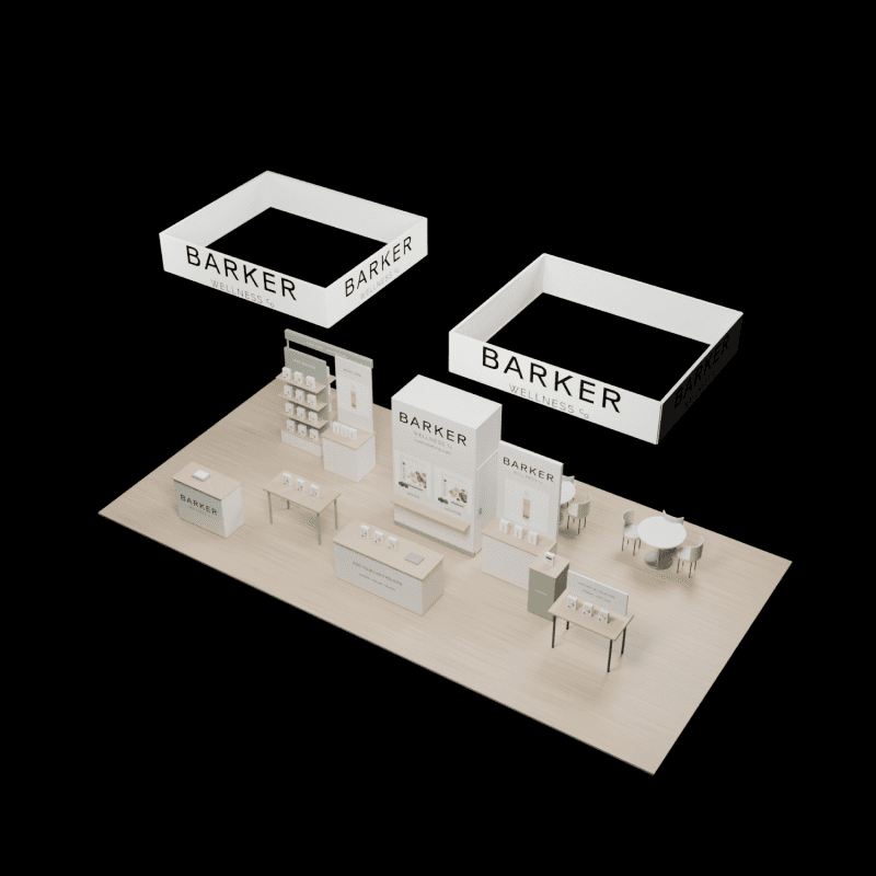 20x40 wellness trade show booth with retail shelving, product discovery areas, and buyer consultation space