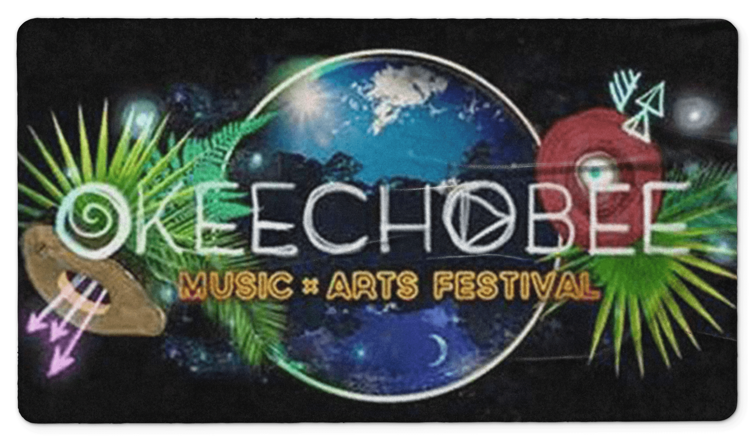 Logo  featuring "Okeechobee" with a colorful, stylized globe and vibrant floral designs around it.