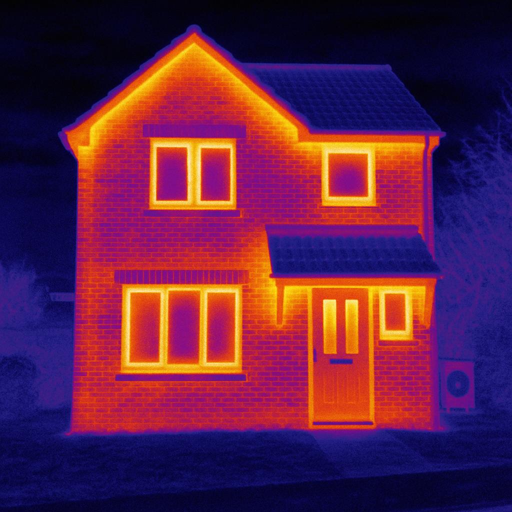 Diagram showing heat loss paths through walls, roof, windows, and floors in a UK home and how they affect heat pump sizing