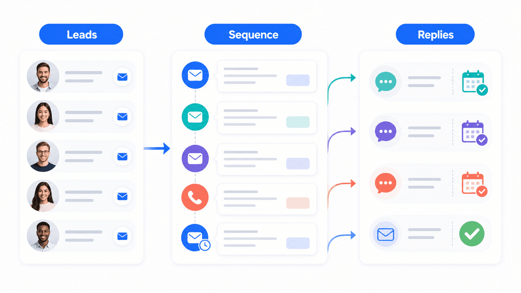 Instantly AI outbound engine, leads moving through a sequence into tracked replies