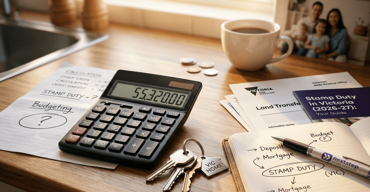 Calculator and house keys on counter representing stamp duty budgeting for Victorian buyers