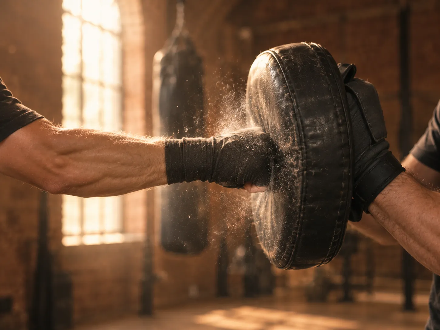 A wrapped fist hitting a focus pad