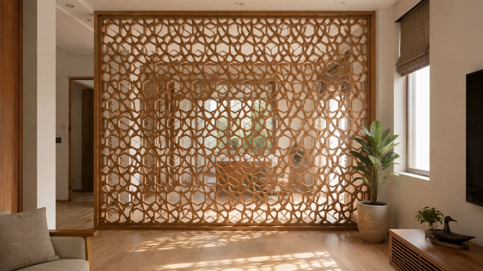 A modern wooden jali partition with an intricate geometric pattern separating two rooms in a living space.