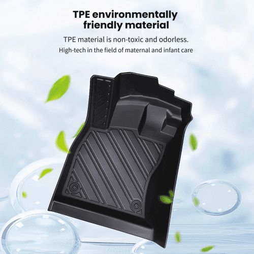 Black TPE car floor mat with diagonal ridges, raised side walls, and heel pad