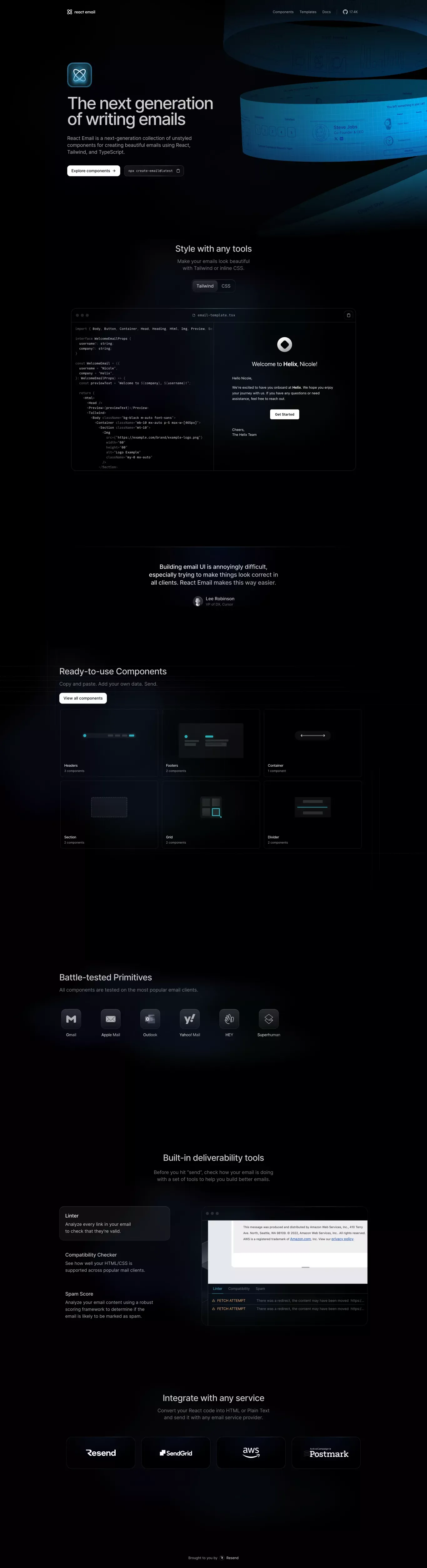 React Email landing page screenshot showcasing Tech design