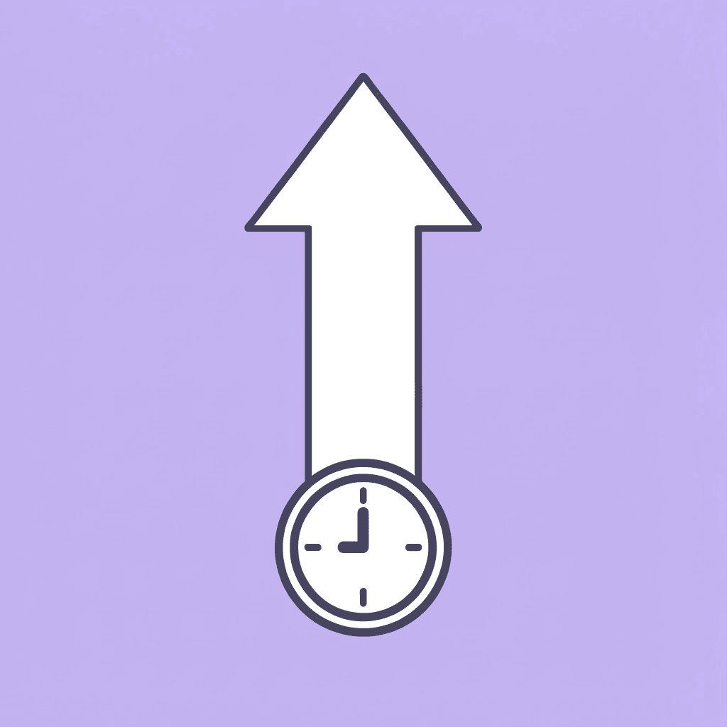 Upward arrow showing growth from setup time measured in days to weekly time savings of 8-10 hours