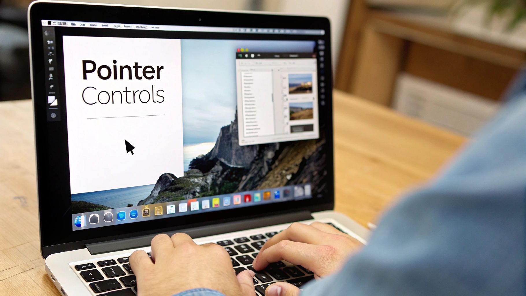 A person's hands typing on a MacBook laptop, displaying a 'Pointer Controls' presentation with a cursor.