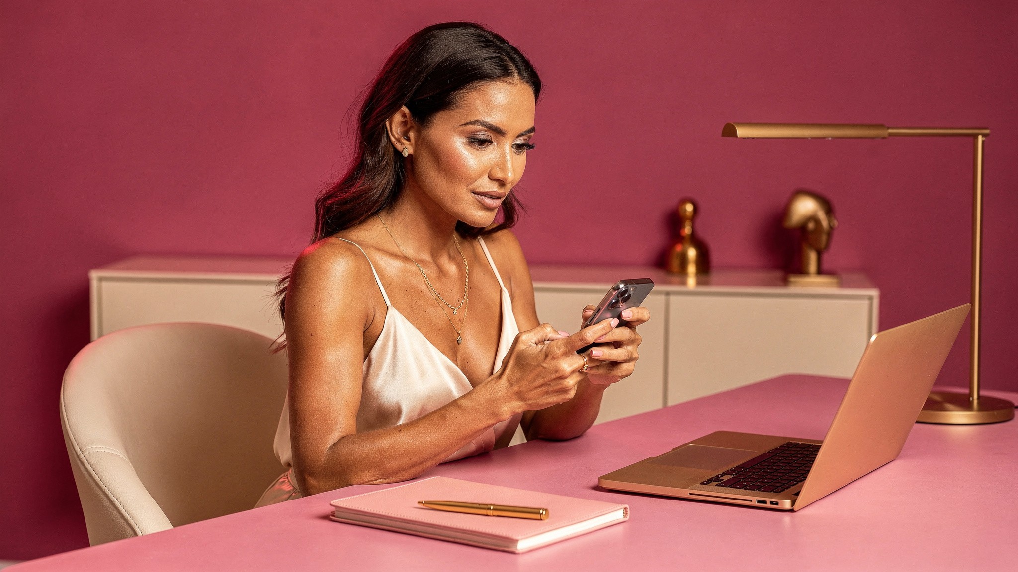 Content creator auditing her recent Instagram posts with a notebook and phone