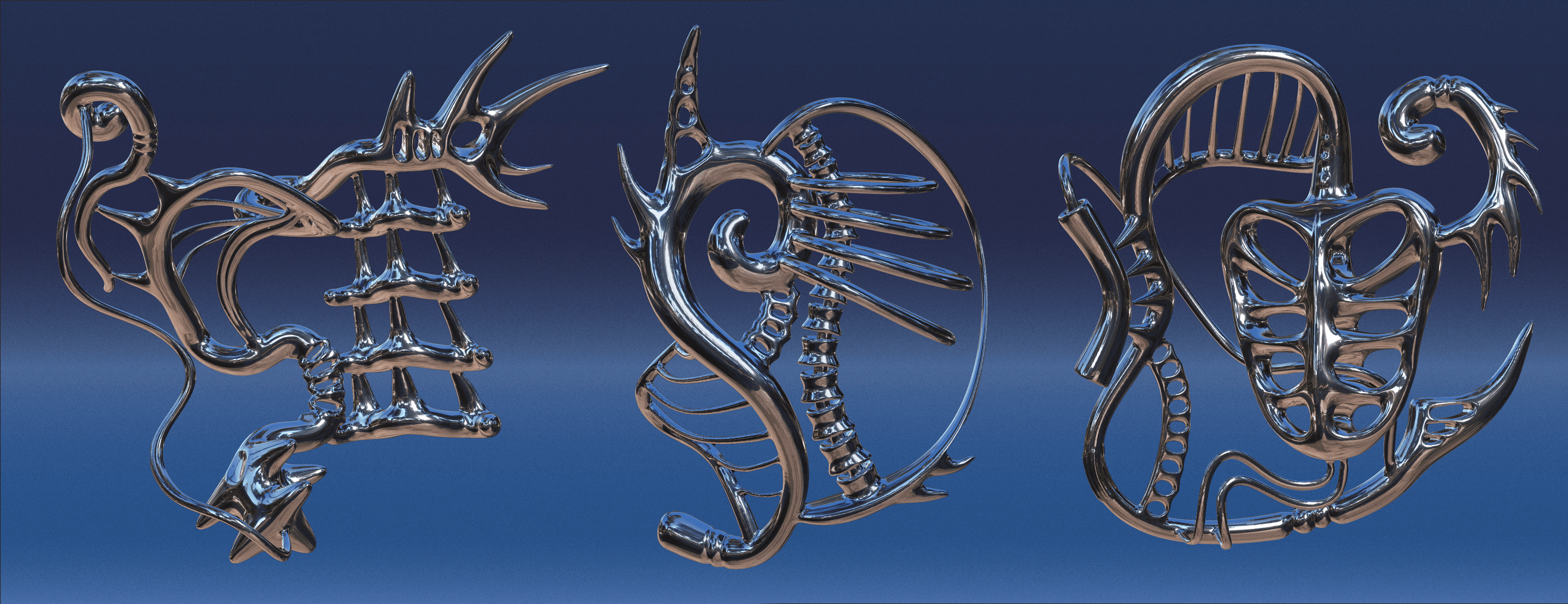 Chrome zodiac figures — three metallic sculpted zodiac illustrations on blue, digital art