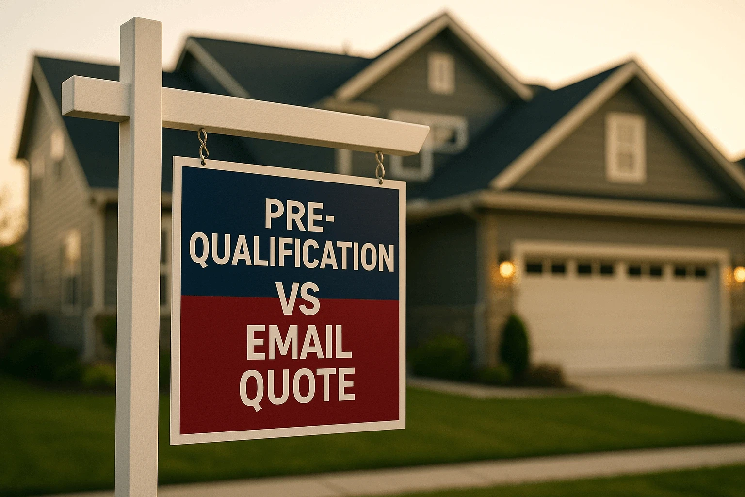 Real estate sign in front of a house displaying the words “Pre-qualification vs. Email Quote”