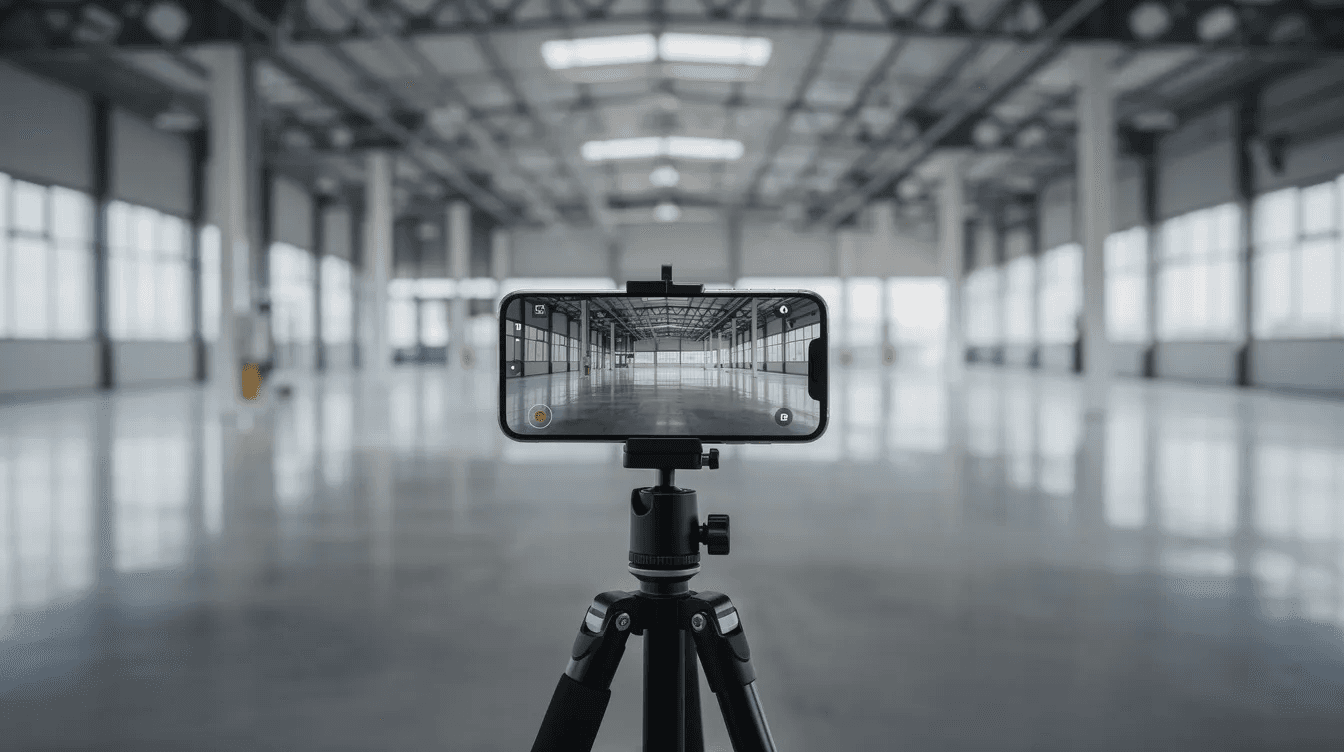 A smartphone is mounted on a tripod, capturing images of the interior of a commercial warehouse space, which may be relevant for cost segregation studies aimed at helping commercial property owners maximize tax savings through accelerated depreciation and improved cash flow strategies. This in-person property inspection could aid real estate investors in identifying potential tax benefits and optimizing their financial performance.
