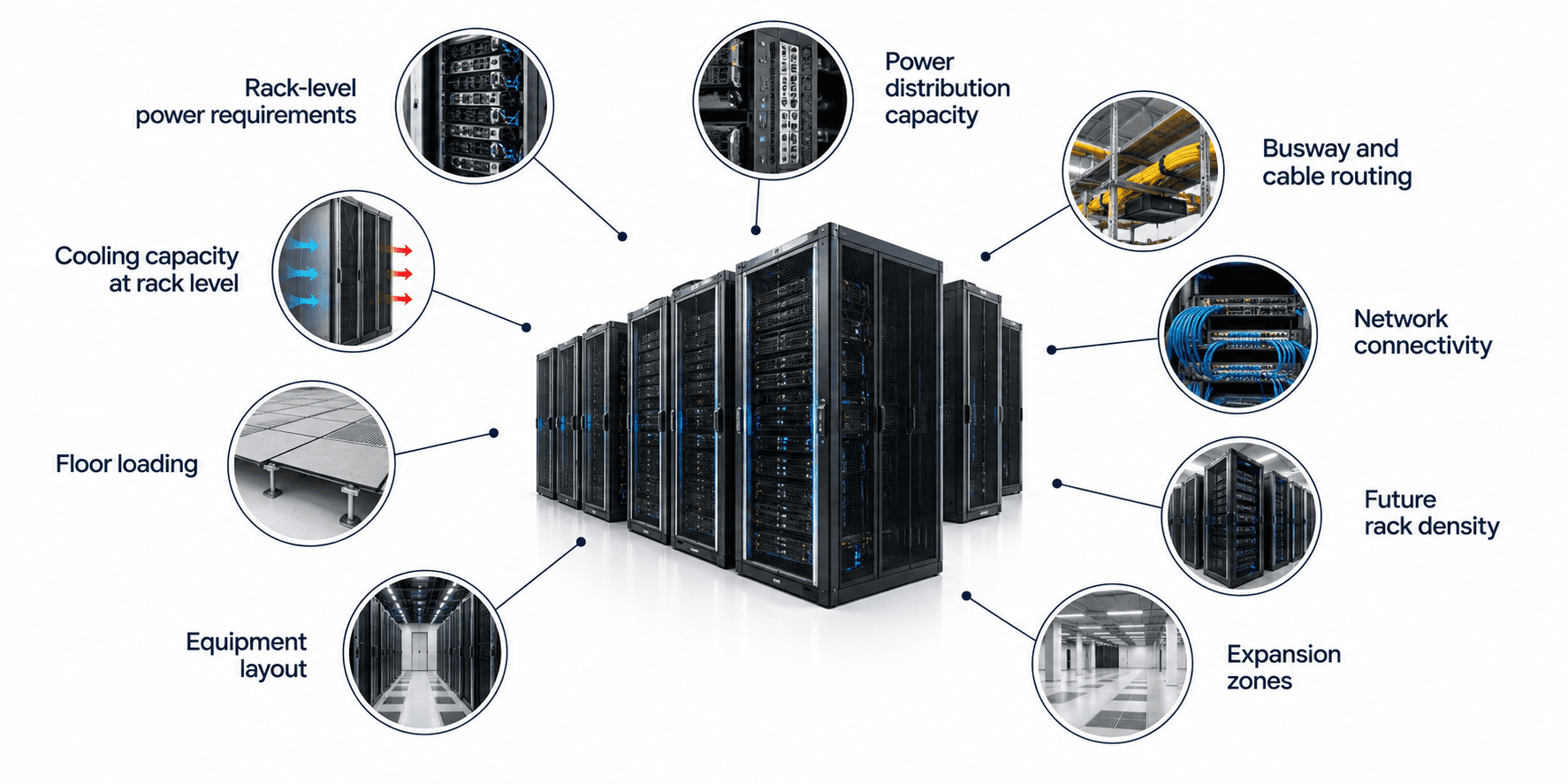 AI-ready data centre design infographic showing server racks surrounded by nine key considerations: rack-level power, power distribution, cooling capacity, floor loading, equipment layout, busway and cable routing, network connectivity, future rack density, and expansion zones.