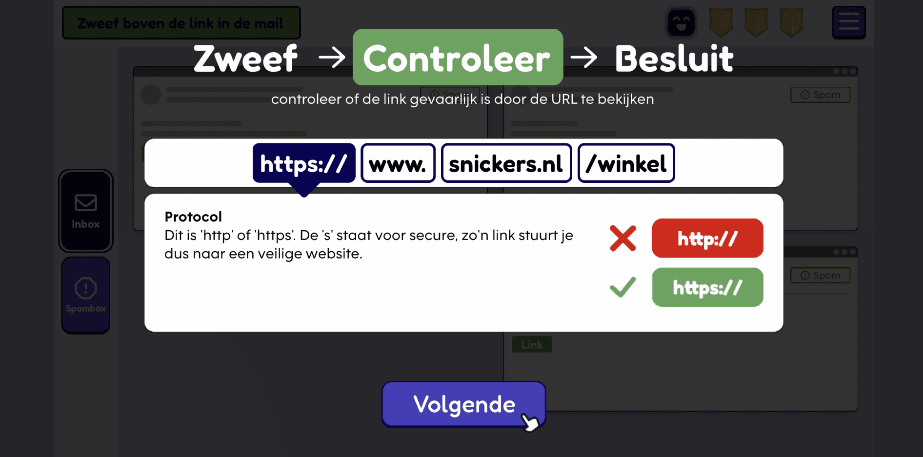 Screenshot uit het spel Clickventure. Uitleg over waar je op moet letten als je een URL bekijkt.