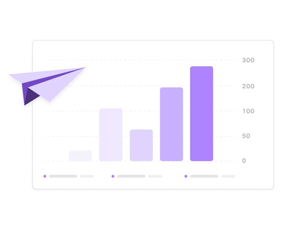 Bar chart with ascending columns, curved line, and paper airplane icon.