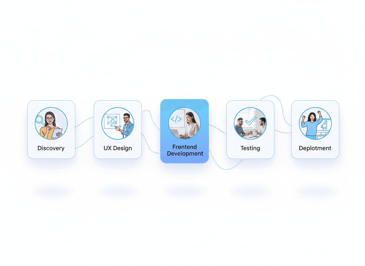 Five-step frontend development process from discovery to deployment using agile sprints and production-ready documentation