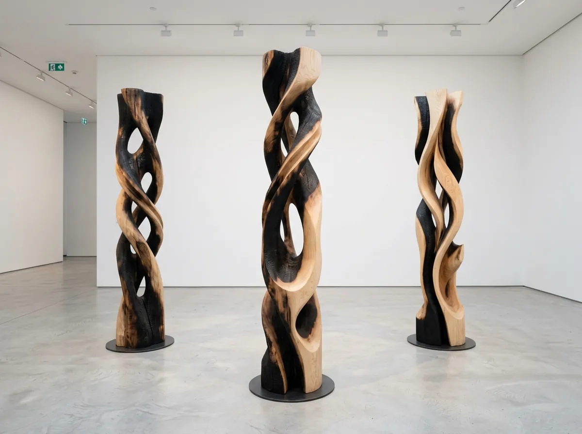 Three carved wooden column sculptures, installation view