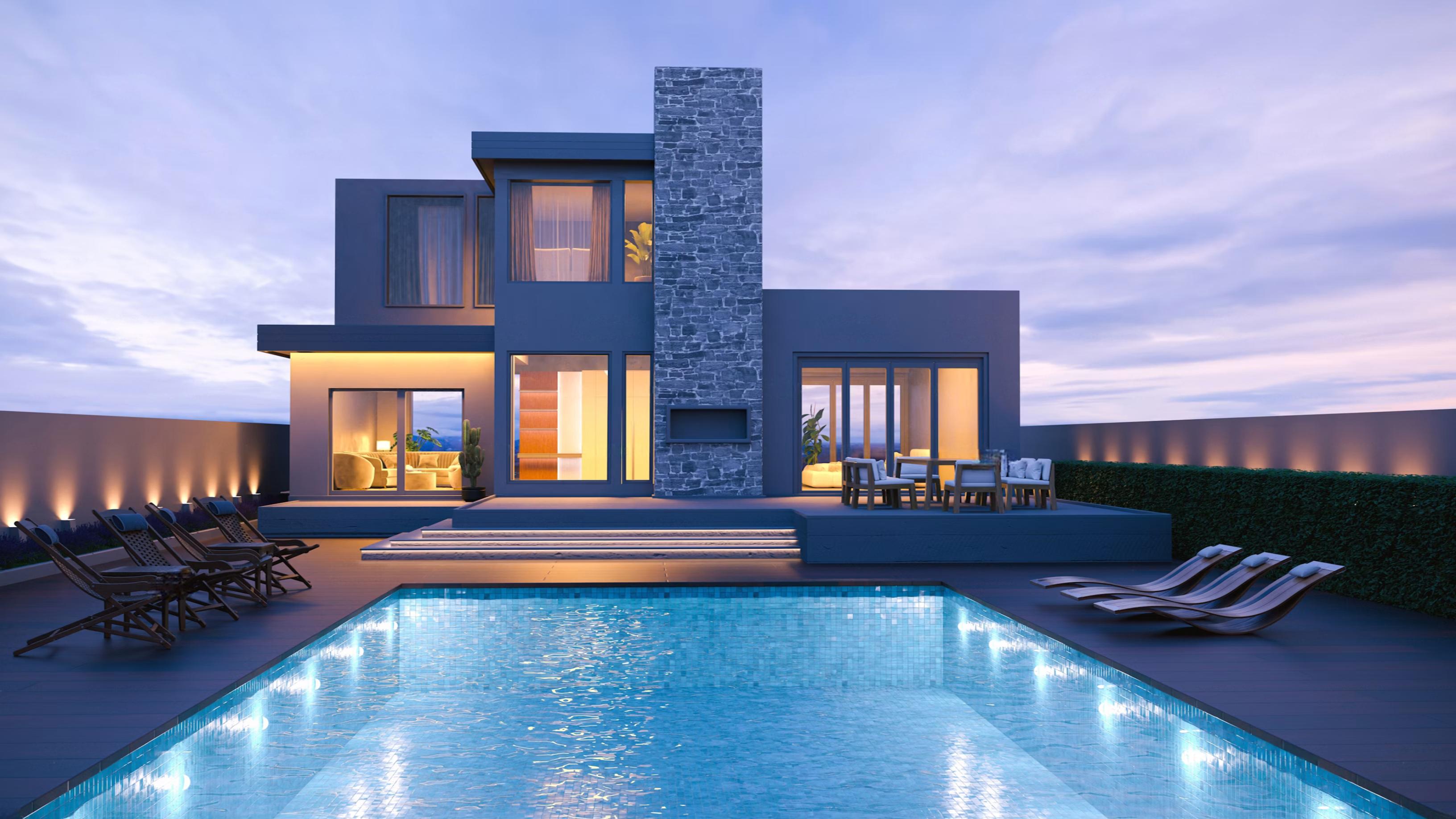Modern white building on a cliff overlooking dark stormy seas.
