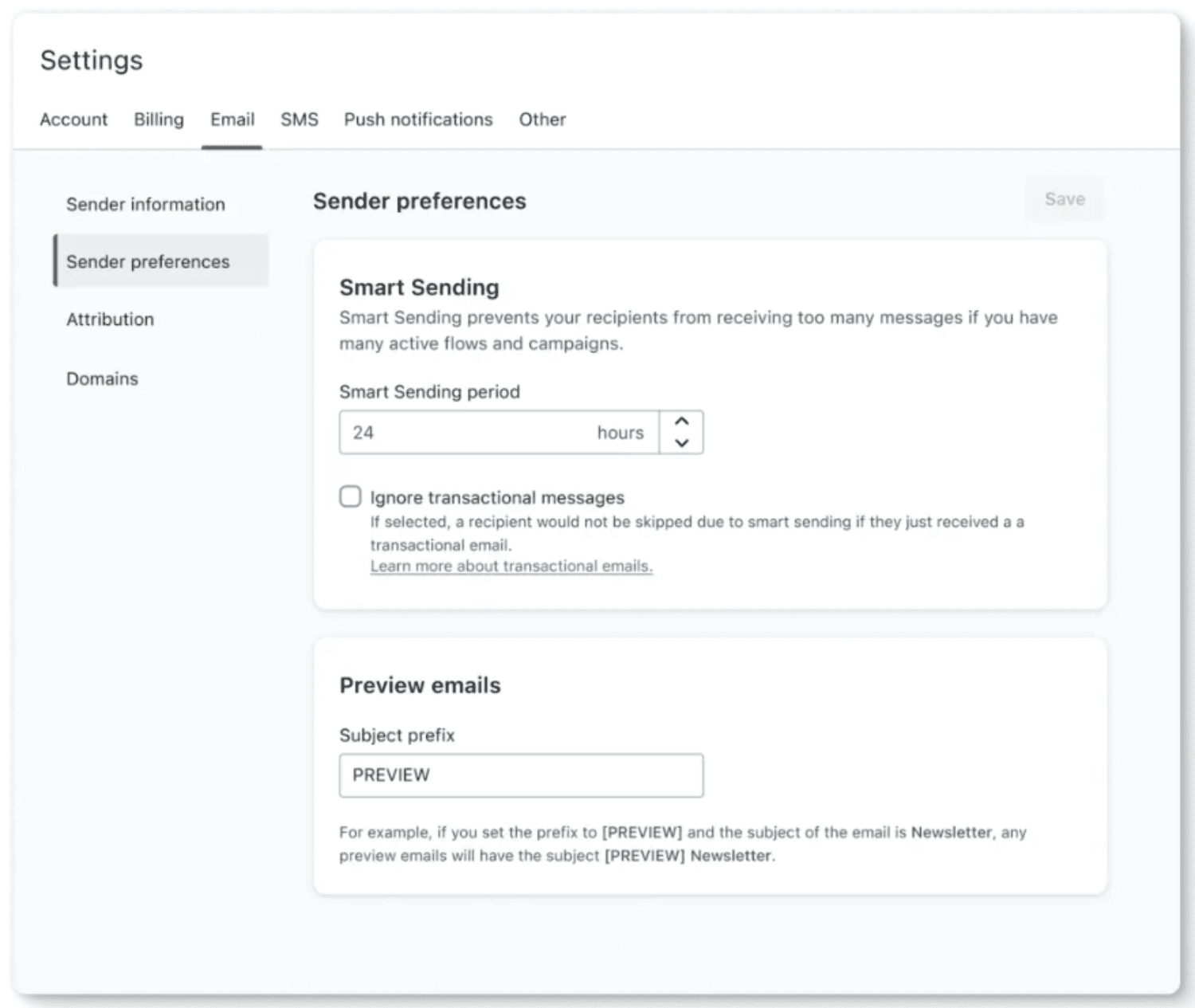 Configure Your Account Settings.png: "Klaviyo settings panel displaying Smart Sending preferences and email preview options to manage message frequency."