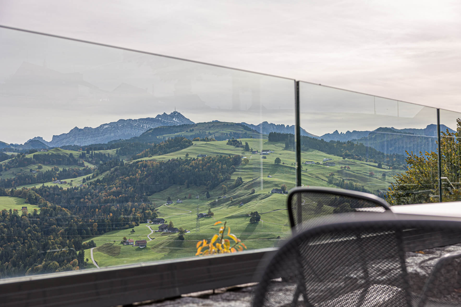 Panorama Aussicht vom Hörnli Hemberg auf Säntis, Appenzellerland und hinteres Neckertal