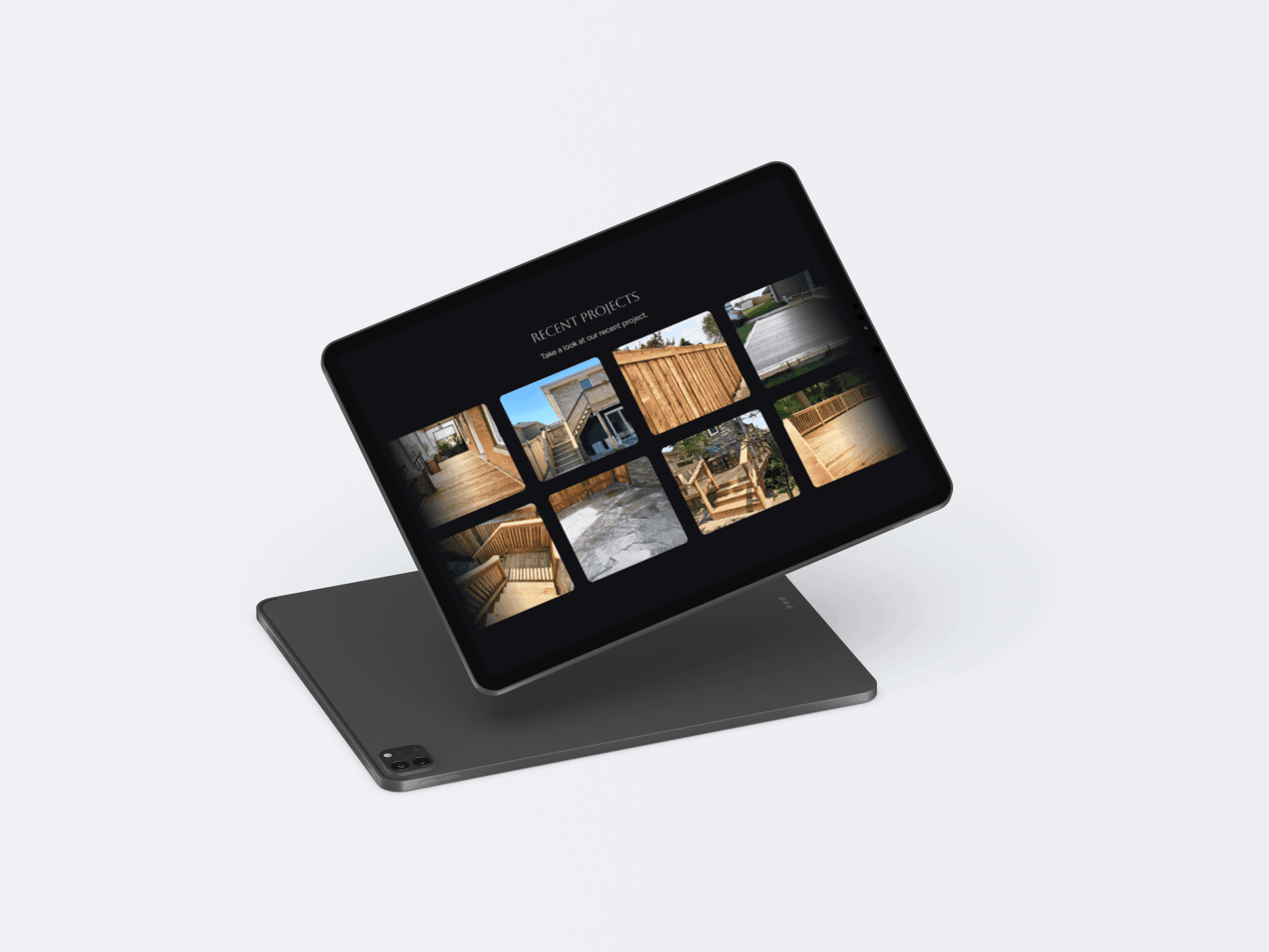 Tablet mockup displaying gallery and service information layout.