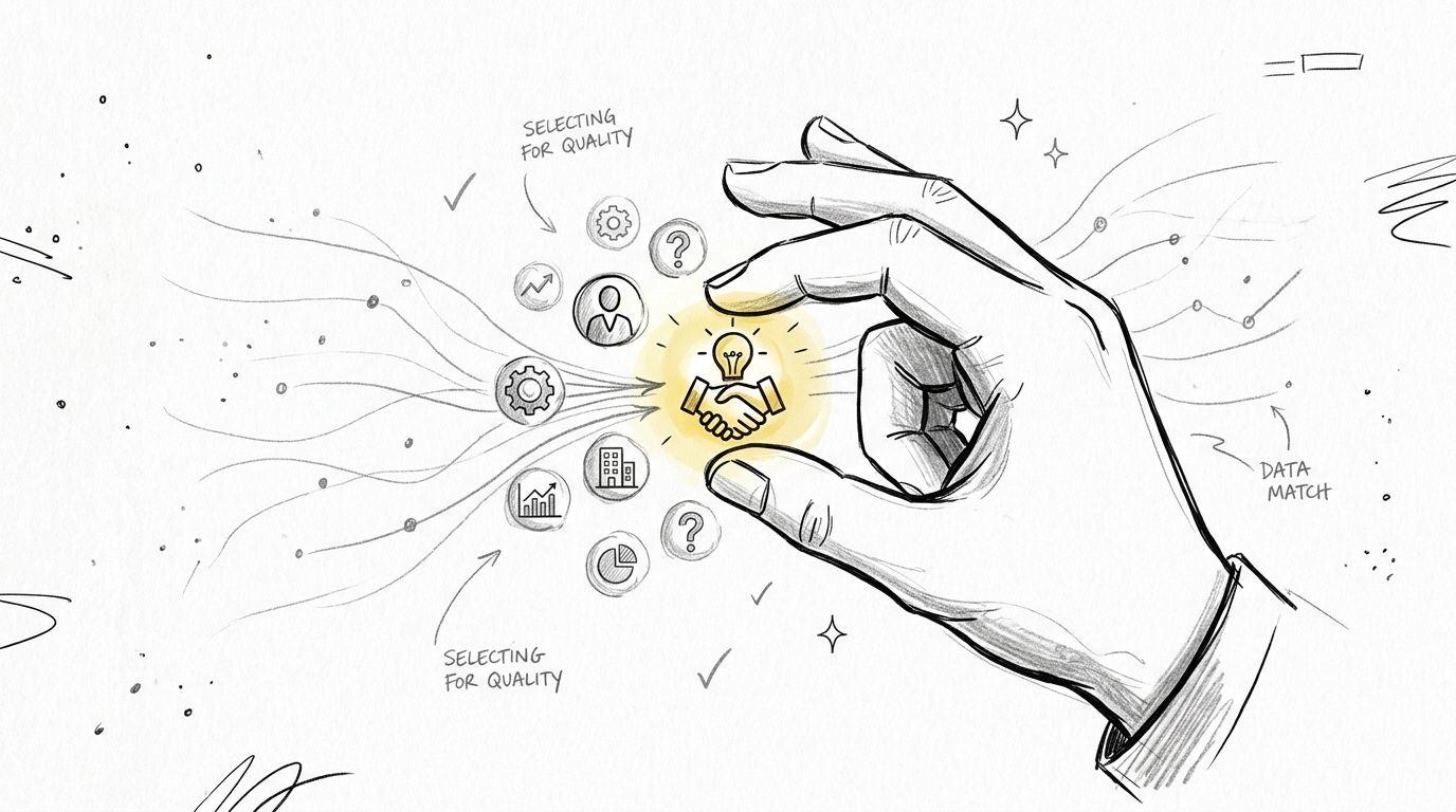 A hand selecting a golden handshake and lightbulb icon surrounded by data and business analysis symbols.