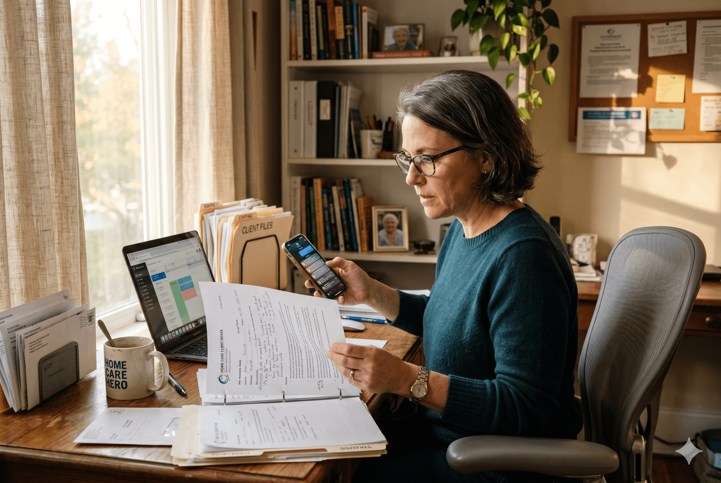 A warm, softly lit home office setting where a home care agency owner, a woman in her late 40s, sits at a desk reviewing printed intake notes while glancing at her phone. A cup of coffee sits nearby, and natural window light fills the room. The mood is candid and real, slightly behind-schedule energy, capturing the tension of a busy small business operator managing multiple tasks at once. Shot on Fujifilm X-T4, aspect ratio 3:2.