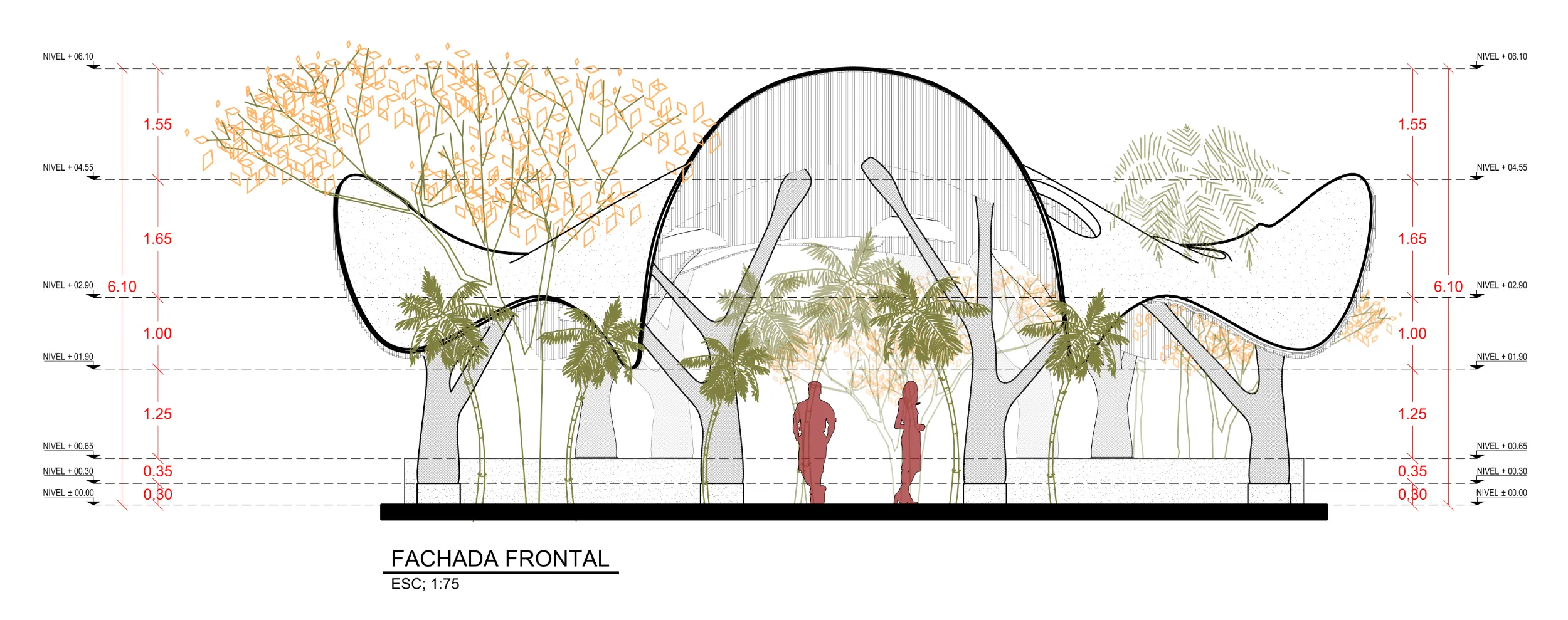 Architectural frontal elevation of the Ahau Tulum motor lobby, illustrating the bio-parametric 'manta ray' canopy and branching column structure with human scale references.