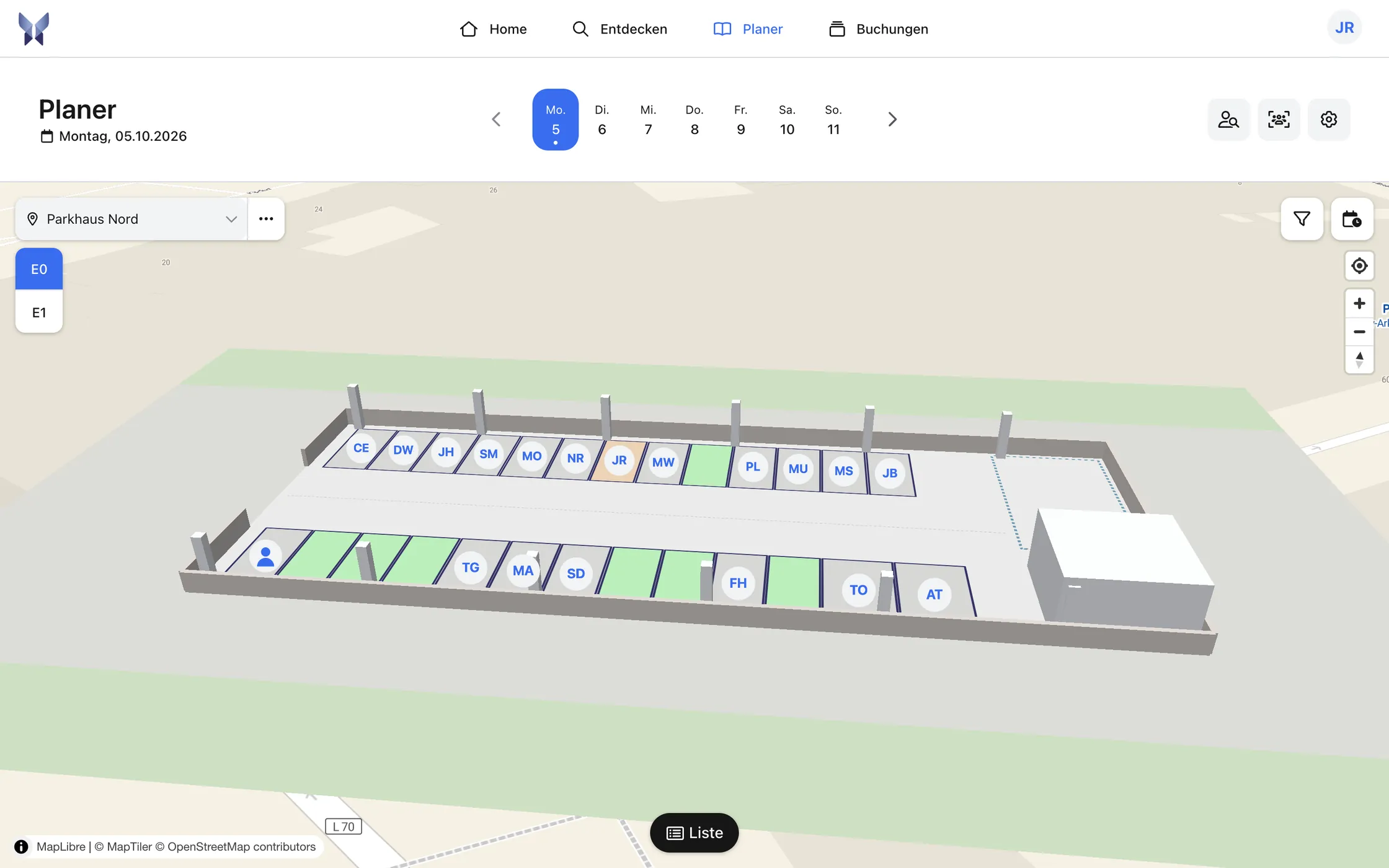 Planning anny avec le plan 3D du parking&nbsp;: places occupées avec les initiales des collègues, places libres en vert