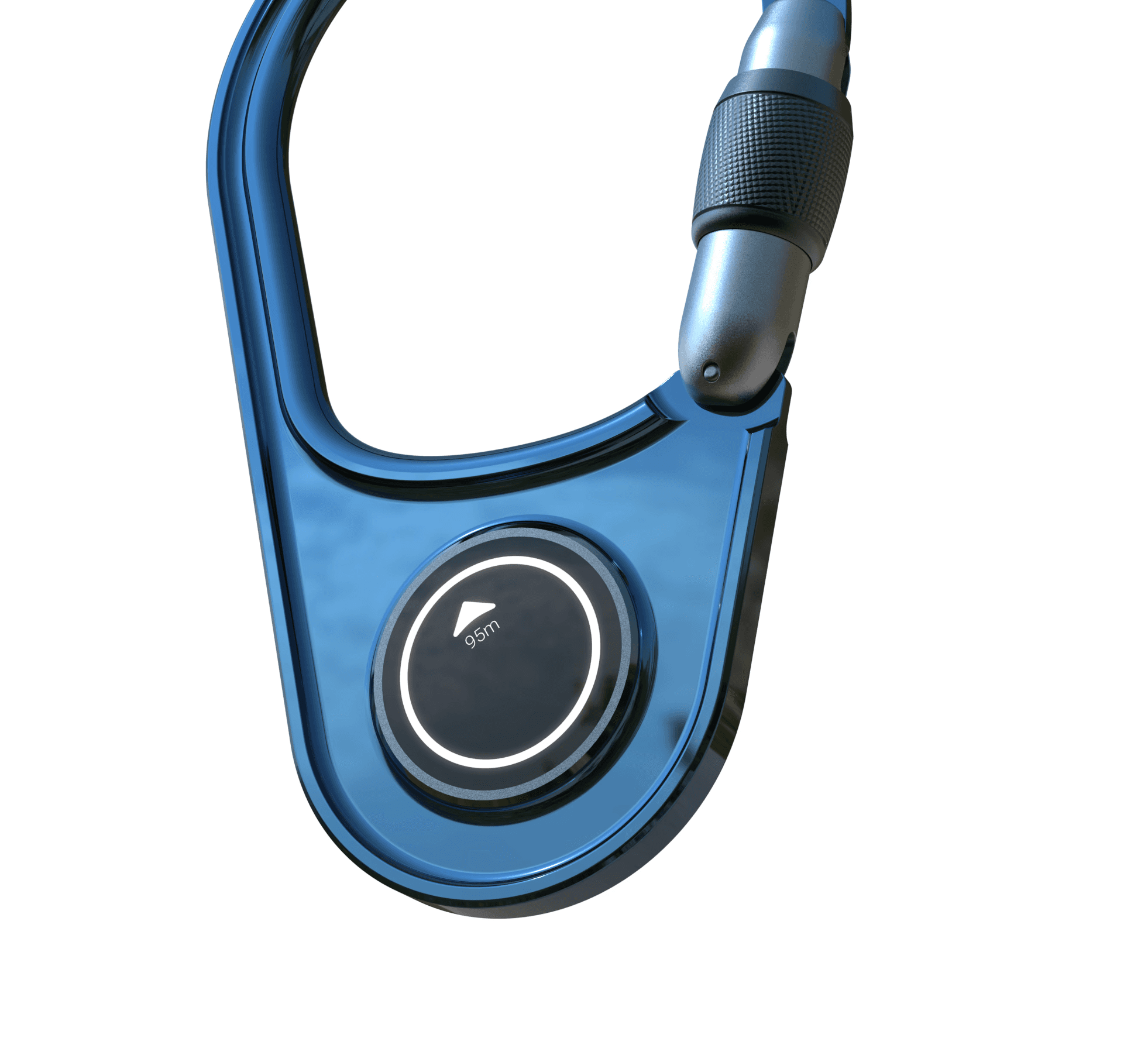An image of a carabiner with a built in electronic display showing a compass.