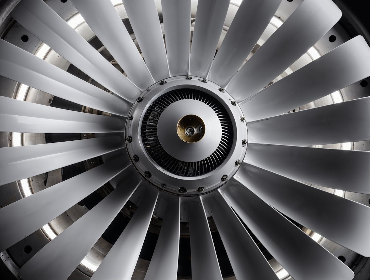 Close-up of a large turbine engine fan with sleek, shiny metallic blades, showcasing precision engineering and technology in aerospace marketing.