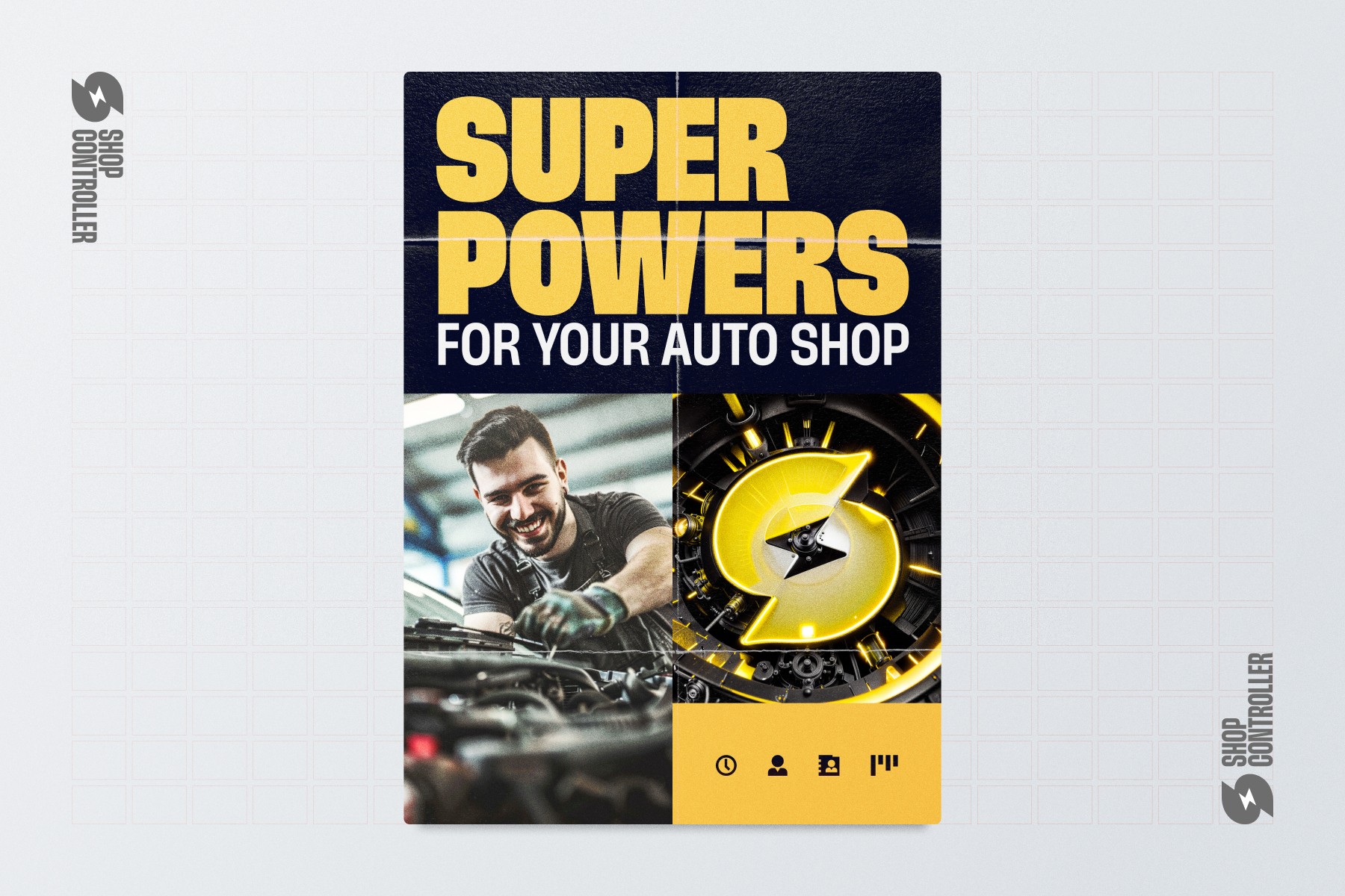 A man is working on a car in a garage, with a clock on the wall. The image is part of an advertisement for Super Powers for Your Auto Shop.