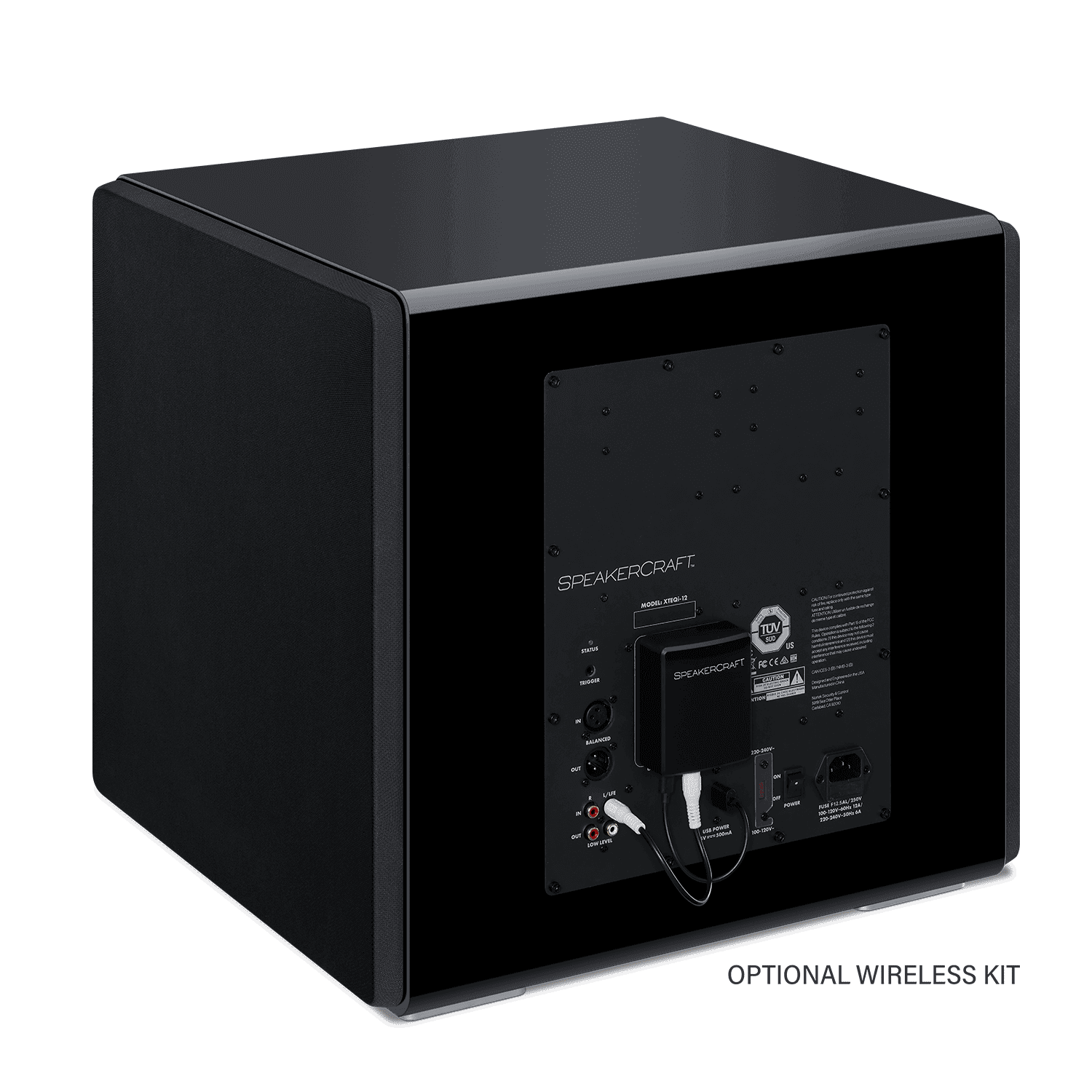 Black subwoofer with rear connection panel and wireless kit