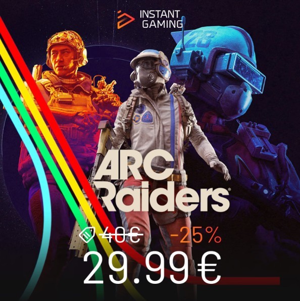 Jaquette promotionnelle d’ARC Raiders sur PC avec trois personnages futuristes en armure, affichant une offre Keyversegaming à -25% sur fond spatial sombre.