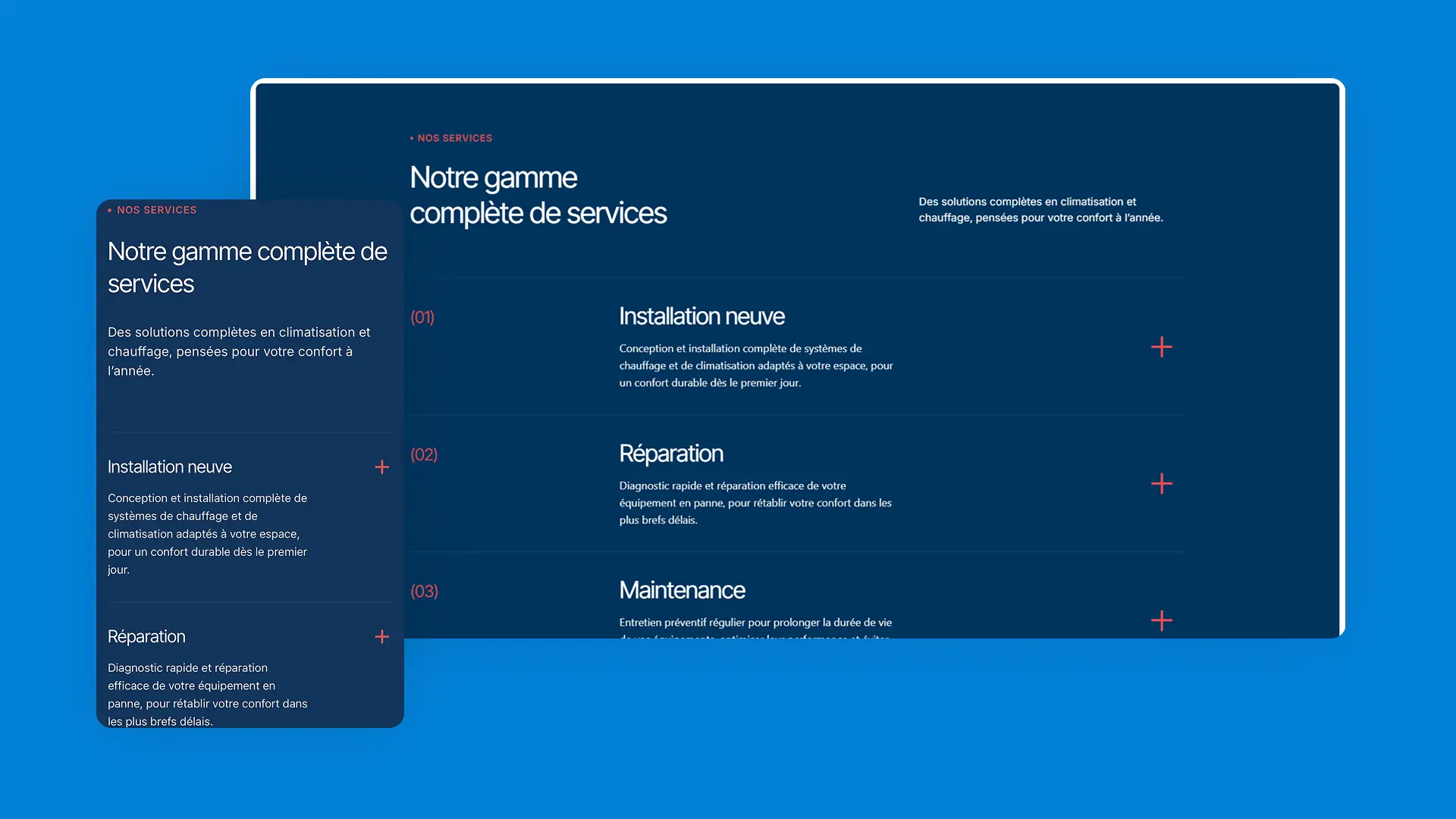 Section des services du site web de Beauregard Climatisation présentant les options d'installation neuve, réparation et maintenance