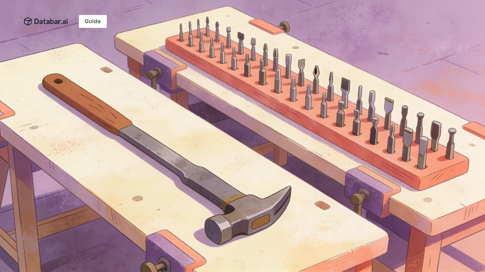 Illustration of two workbenches, one laid out with a single large tool and one with many small tools — Claude Code vs. Clay: When to Use Which for GTM Workflows
