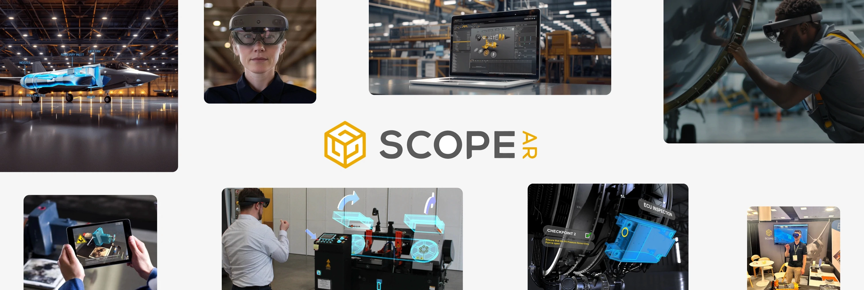 Scope AR logo with images of AR-guided aircraft maintenance, CAD-based work instructions, and headset use in a hangar