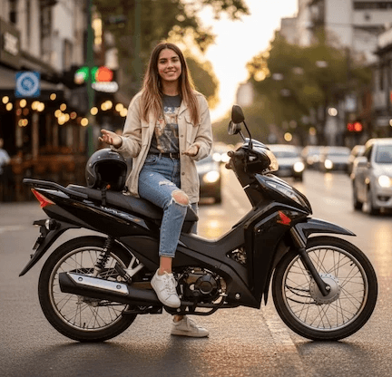 Mujer sobre Honda wave 110s negra