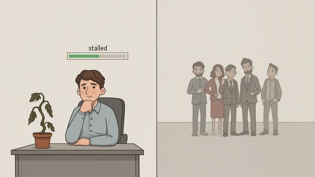 A man looks sad next to a wilting plant, representing stalled progress, contrasting a group of professionals.