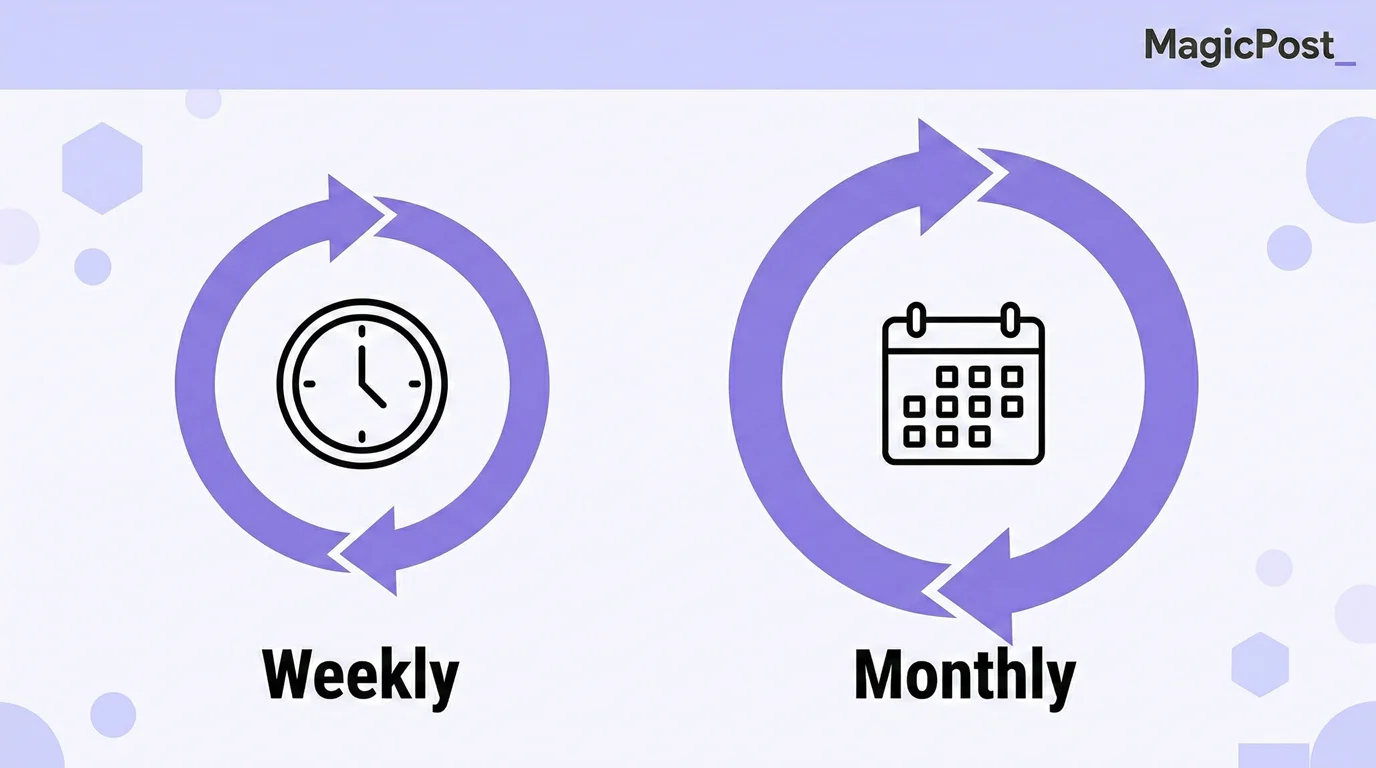 Diagram showing two editorial calendar review cadences for LinkedIn: weekly micro-review and monthly reset