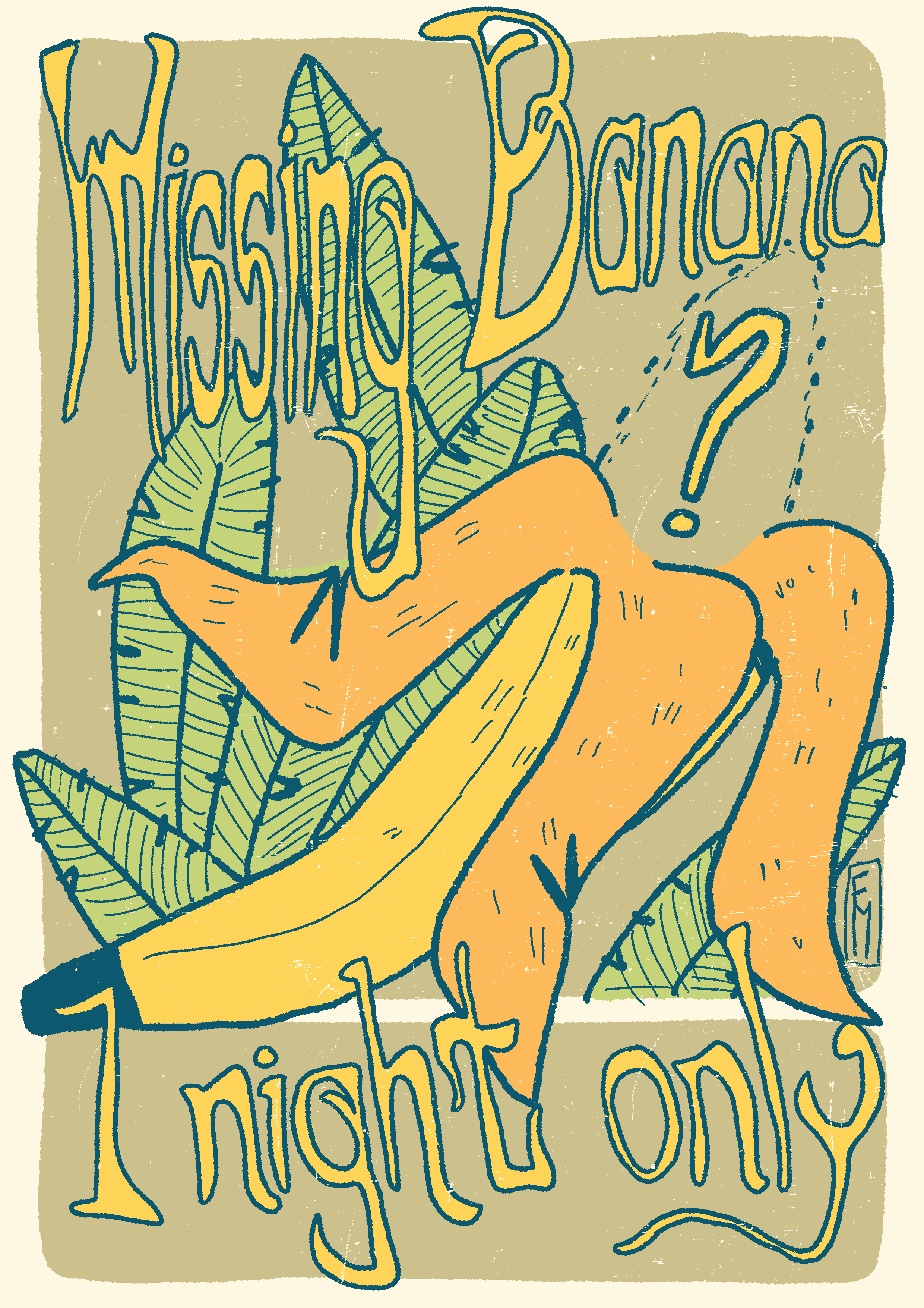 A missing banana, only the peel with a question mark