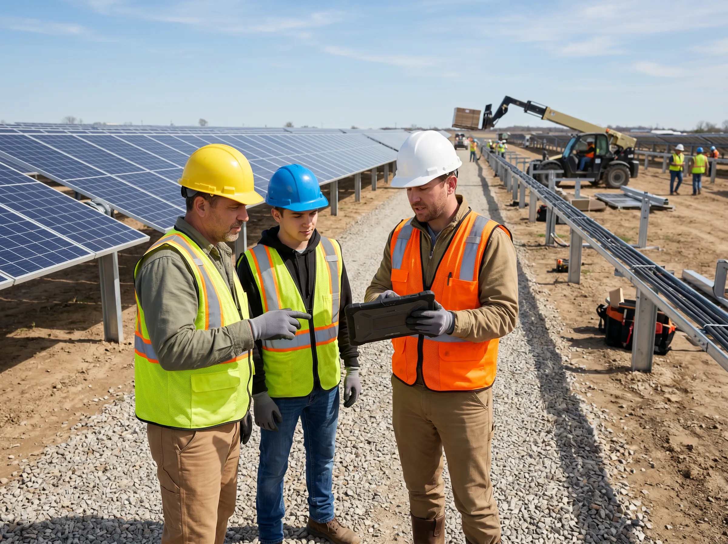 A technician in safety gear kneels beside solar panels, using a tablet to inspect and record performance data.